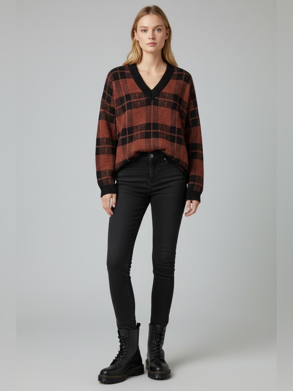 Workshop Republic Rust & Black Plaid V-Neck Sweater Oversized Wool Blend S NWT